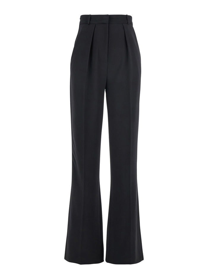 Black Trousers with Pleated Details in Fabric Woman Polyester Elastane