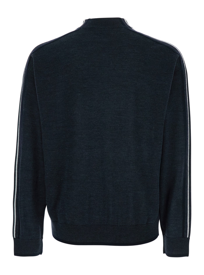 Dark Grey Crewneck Sweater with Stripe Detail on the Sleeve in Wool Man Virgin Jersey