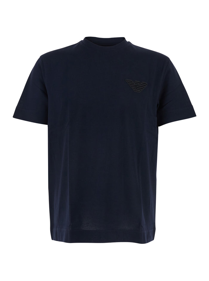 Blue Crewneck T-Shirt With Logo Embroidery On The Front Cotton Man Blu Tshirts And Polo Shirts