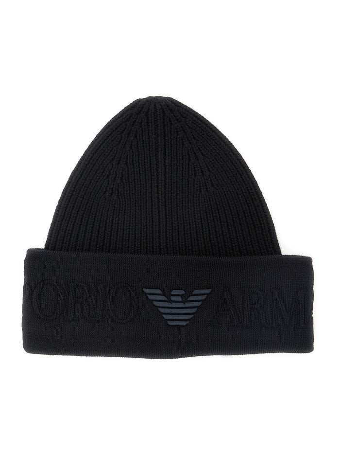 Black Beanie with Maxi Logo Embroidery on the Front in Wool Man Virgin Hats And Gloves