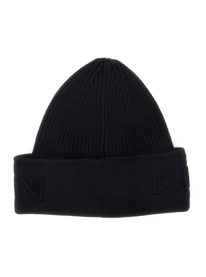 Black Beanie with Maxi Logo Embroidery on the Front in Wool Man Virgin Hats And Gloves