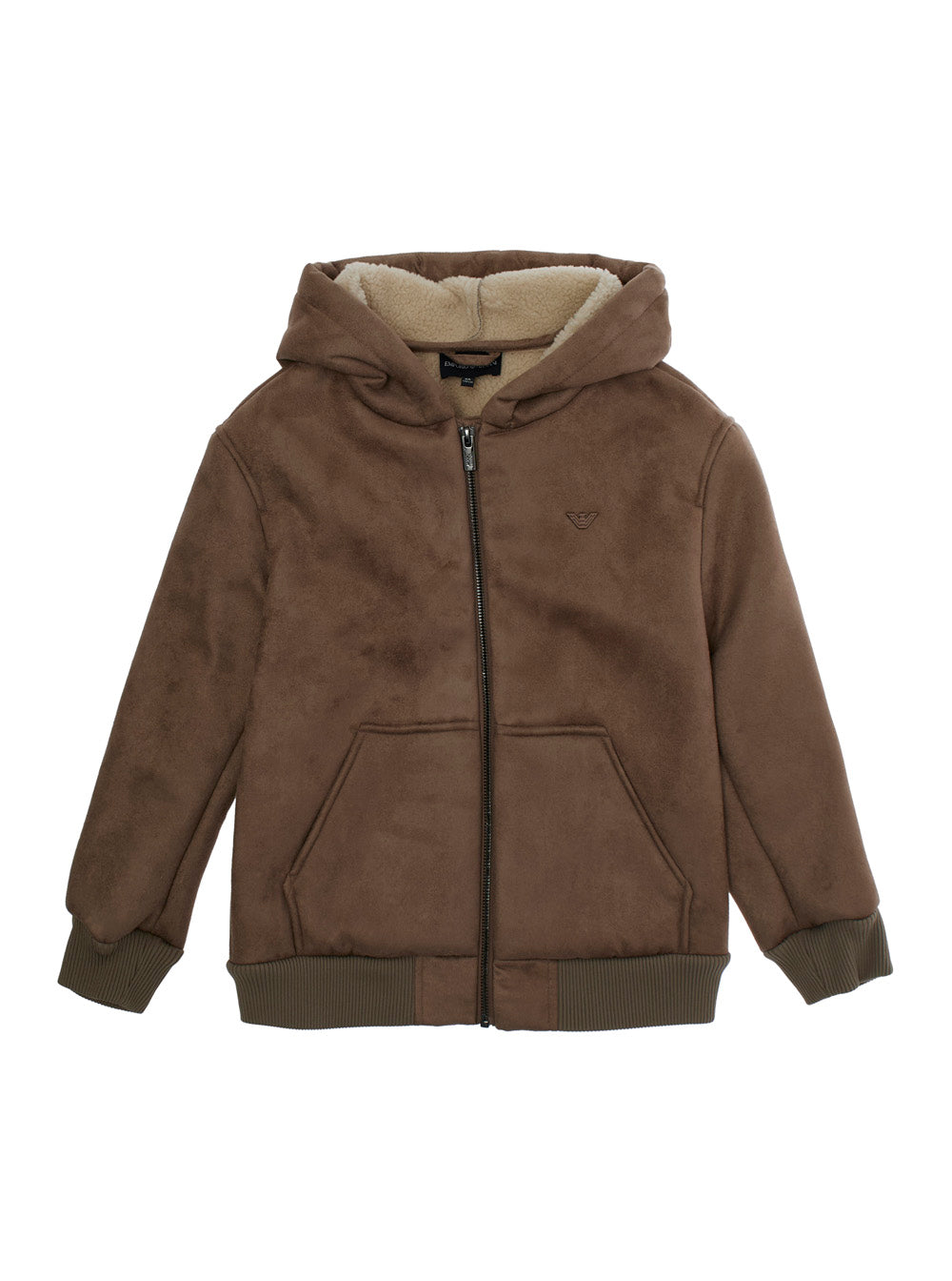 Brown Jacket with Fixed Hood and Logo Embroidery on the Front in Tech Fabric Boy Polyester Outerwear