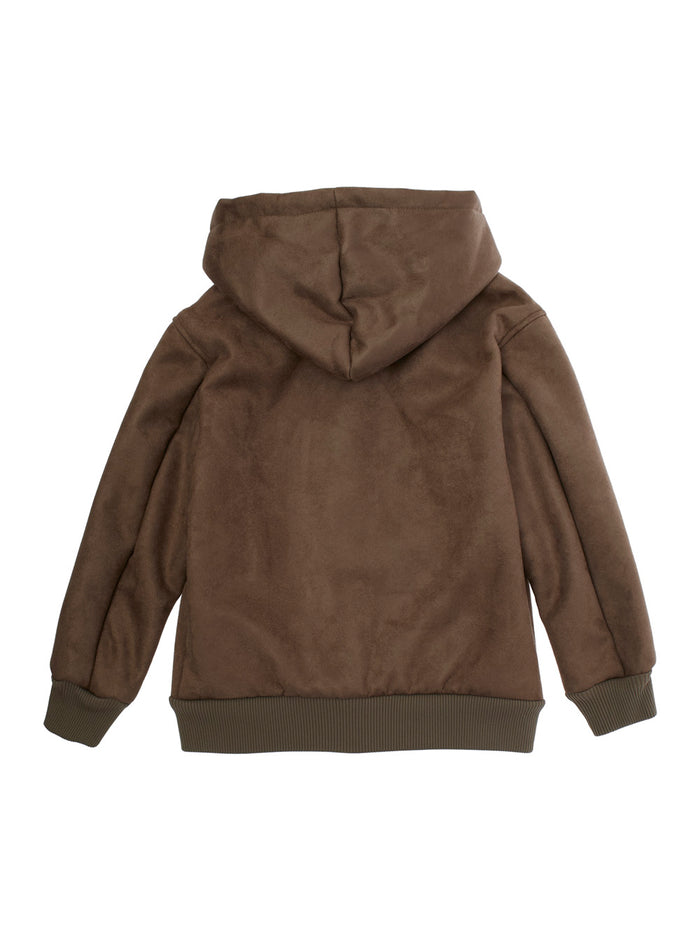 Brown Jacket with Fixed Hood and Logo Embroidery on the Front in Tech Fabric Boy Polyester Outerwear