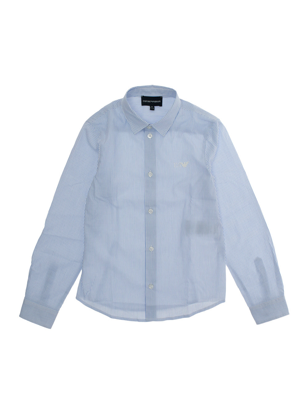 Light Blue Shirt With Logo Embroidery On The Front And All-Over Striped Motif Cotton Boy Blouses