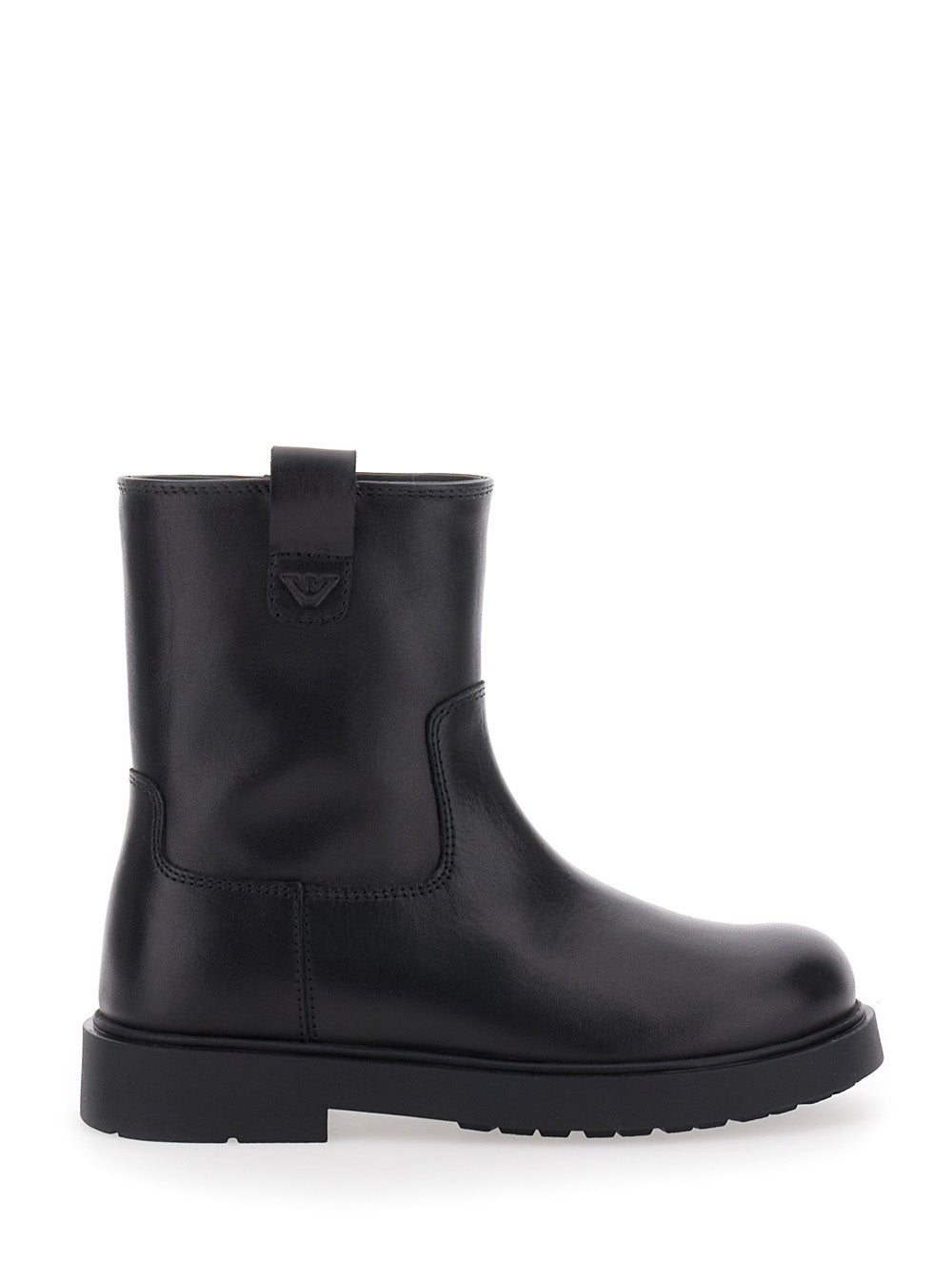 Black Boots with Logo Patch and Side Zip Closure in Leather Boy Calf