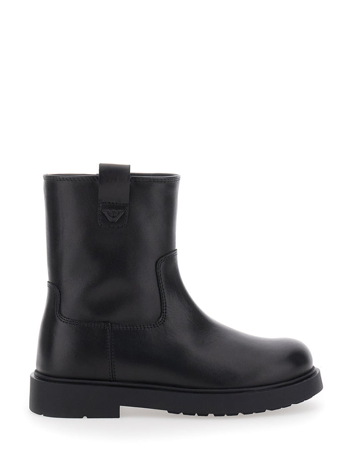 Black Boots with Logo Patch and Side Zip Closure in Leather Boy Calf