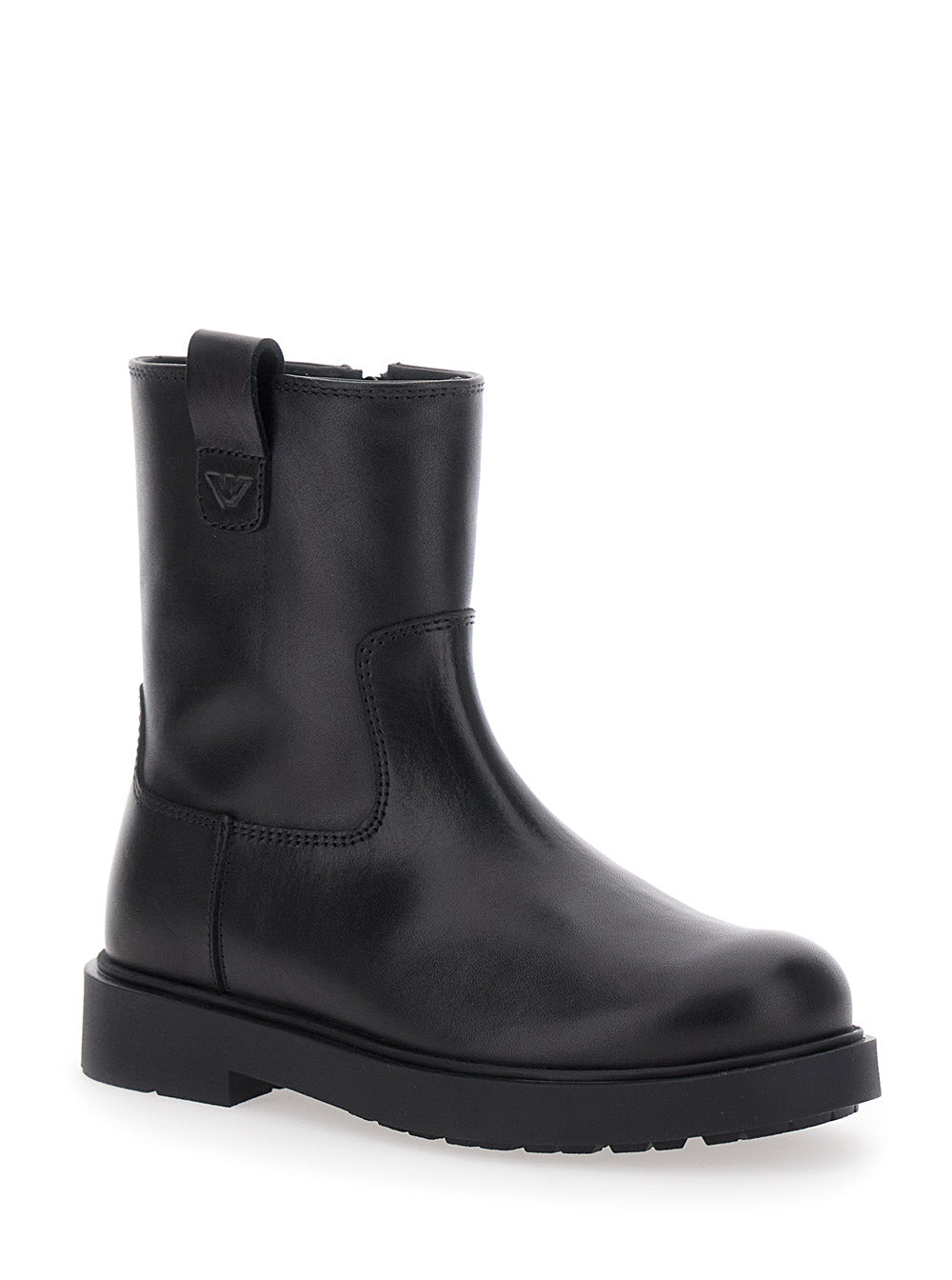 Black Boots with Logo Patch and Side Zip Closure in Leather Boy Calf