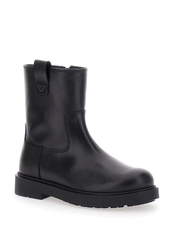 Black Boots with Logo Patch and Side Zip Closure in Leather Boy Calf