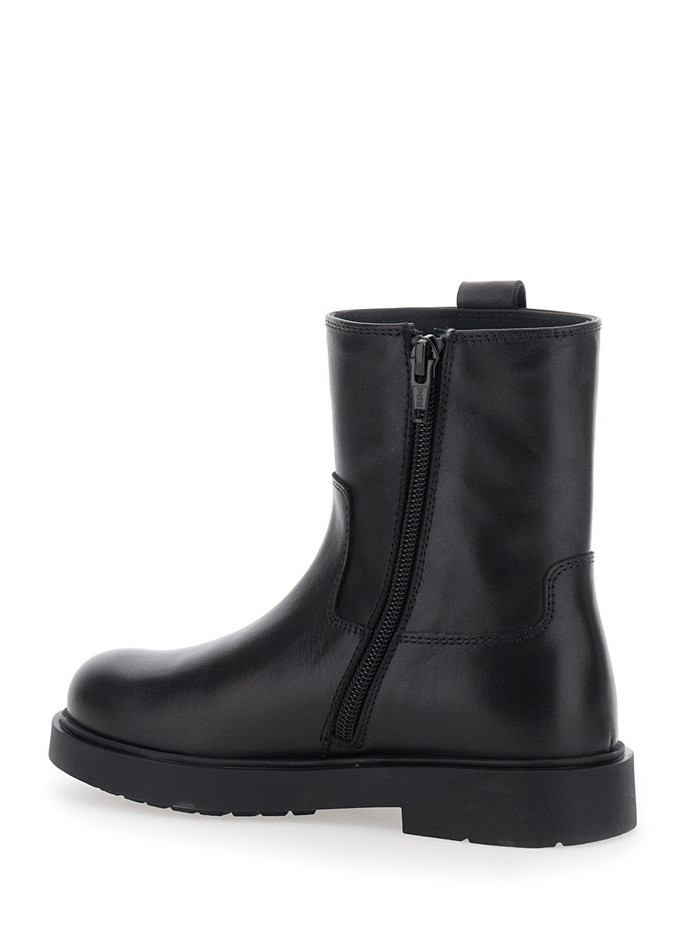 Black Boots with Logo Patch and Side Zip Closure in Leather Boy Calf