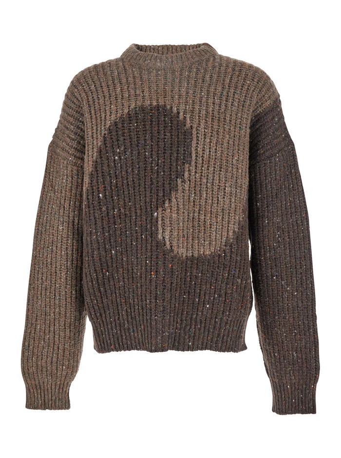 Brown Knit Crewneck Sweater with Bicolor Motif in Wool Blend Man Nylon Viscose Jersey