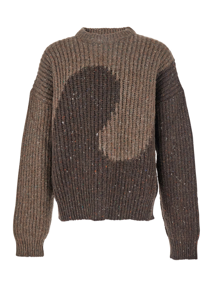 Brown Knit Crewneck Sweater With Bicolor Motif Wool Tops