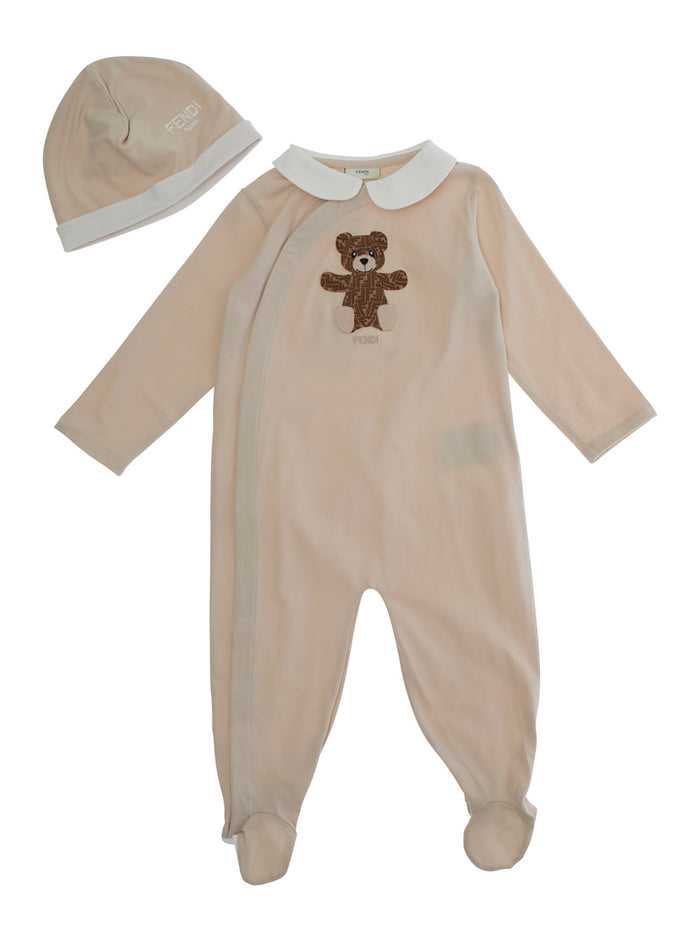 Beige Onesie and Beanie with Bear Embroidery in Stretch Cotton Baby Elastane Suits