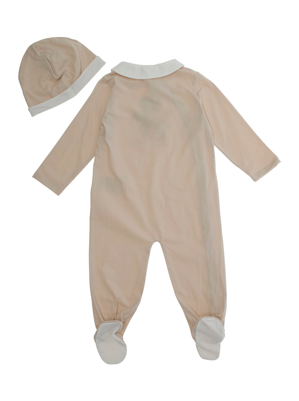 Beige Onesie and Beanie with Bear Embroidery in Stretch Cotton Baby Elastane Suits