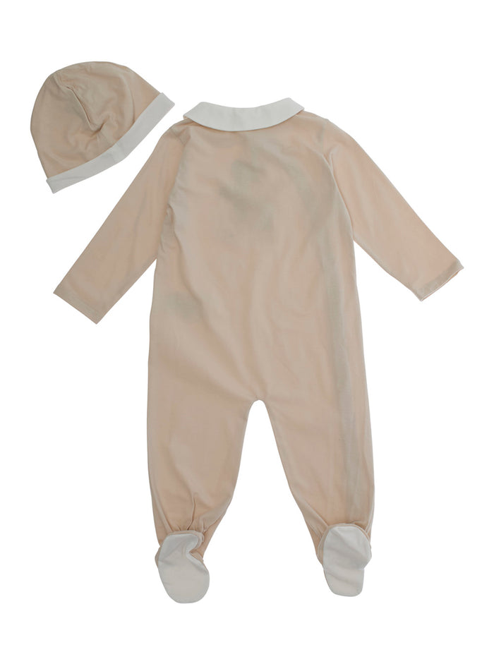Beige Onesie and Beanie with Bear Embroidery in Stretch Cotton Baby Elastane Suits
