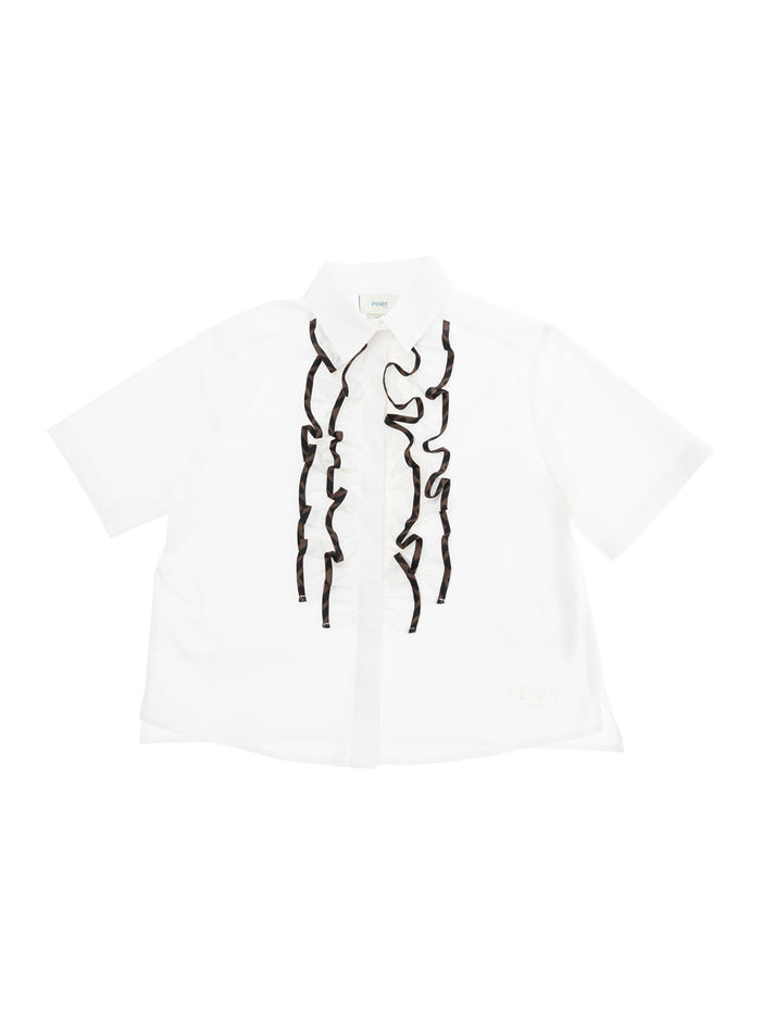 White Shirt with Classic Collar and Contrasting Ruched Detail in Cotton Girl Blouses