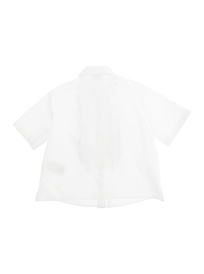 White Shirt with Classic Collar and Contrasting Ruched Detail in Cotton Girl Blouses