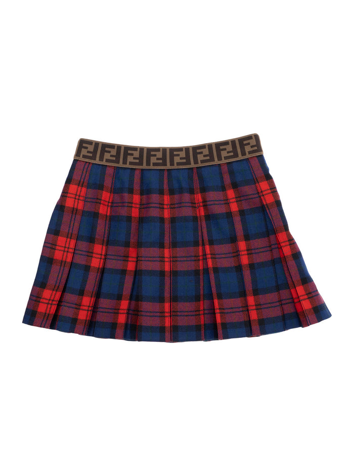 Red Skirt with Elastic Waist FF Logo and All-Over Plaid Motif in Wool Girl Virgin
