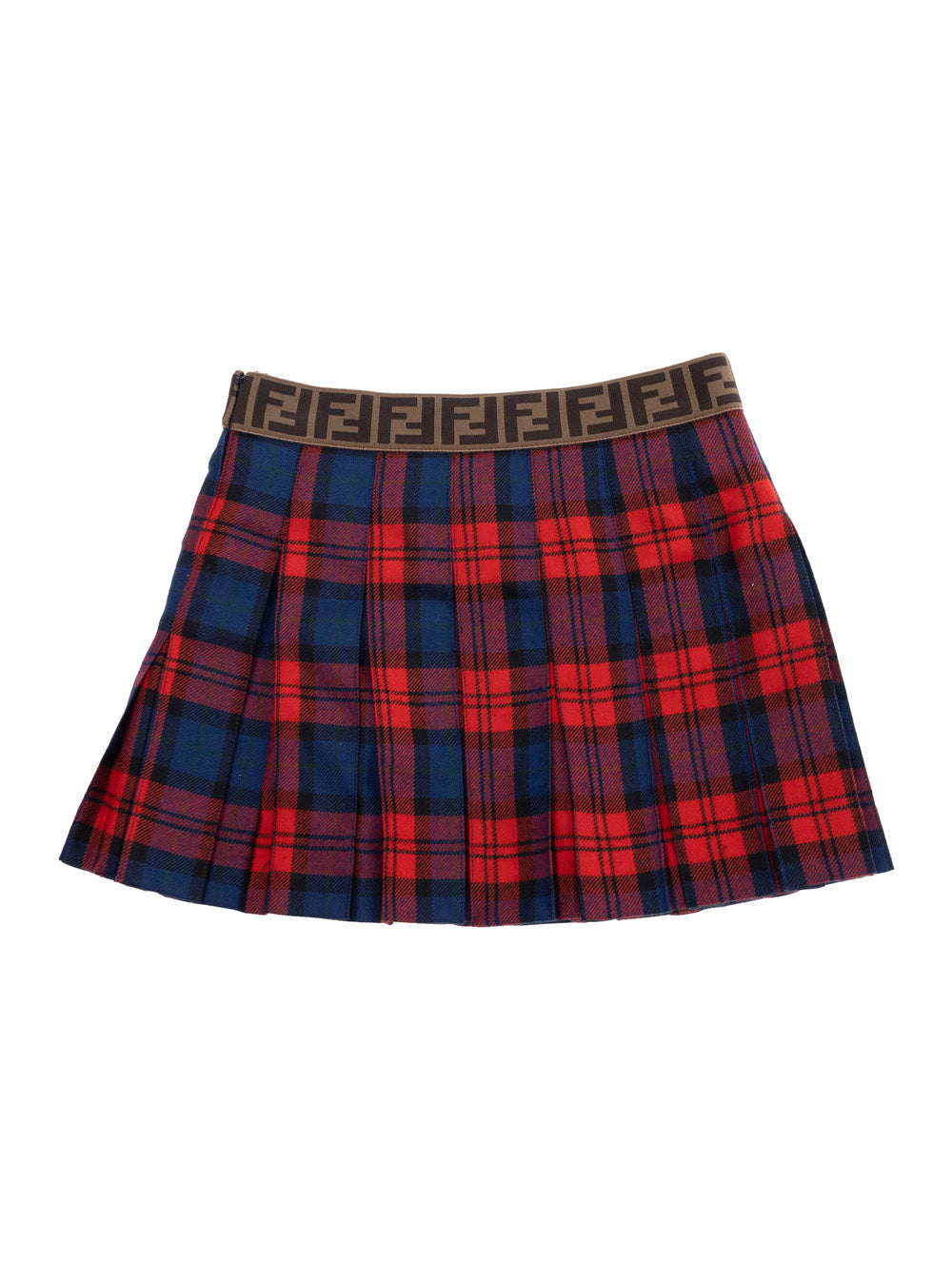 Red Skirt with Elastic Waist FF Logo and All-Over Plaid Motif in Wool Girl Virgin