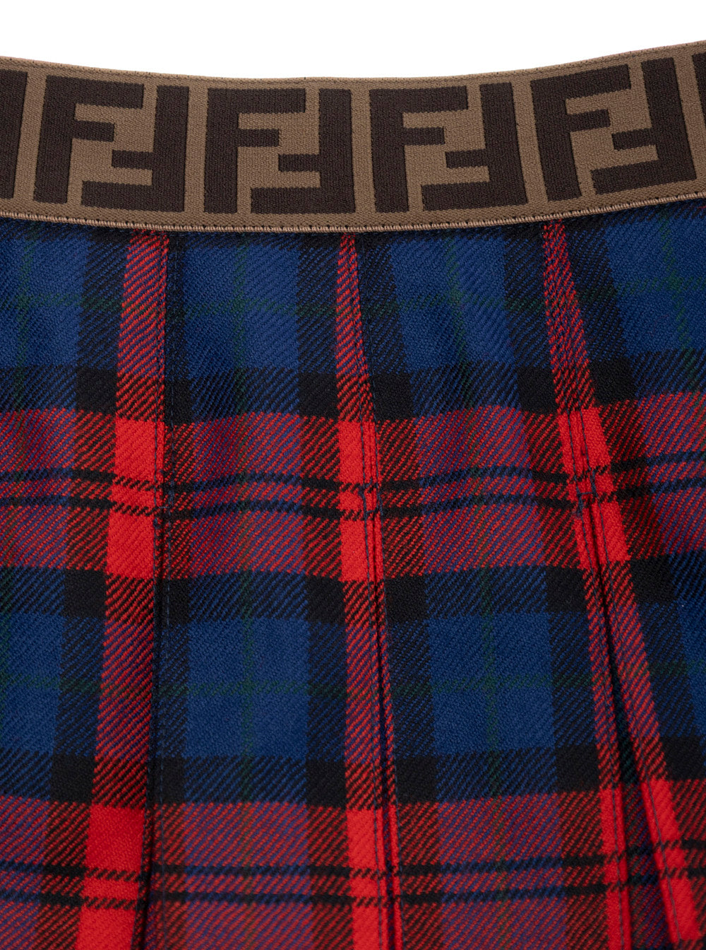 Red Skirt with Elastic Waist FF Logo and All-Over Plaid Motif in Wool Girl Virgin