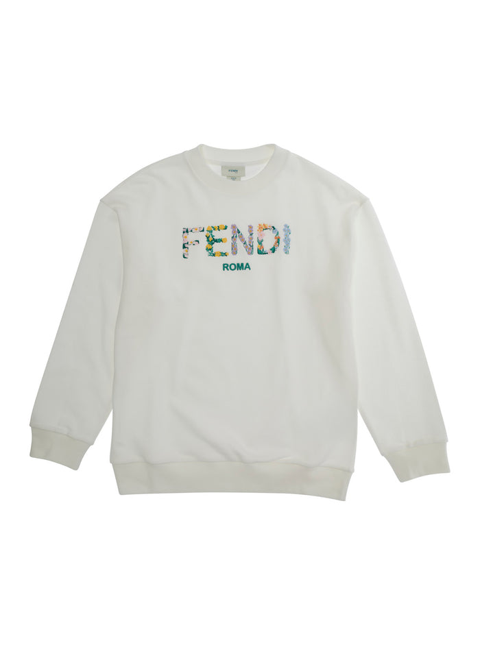 White Sweatshirt with Round Neck and Logo Lettering on the Front in Cotton Girl Sweatshirts