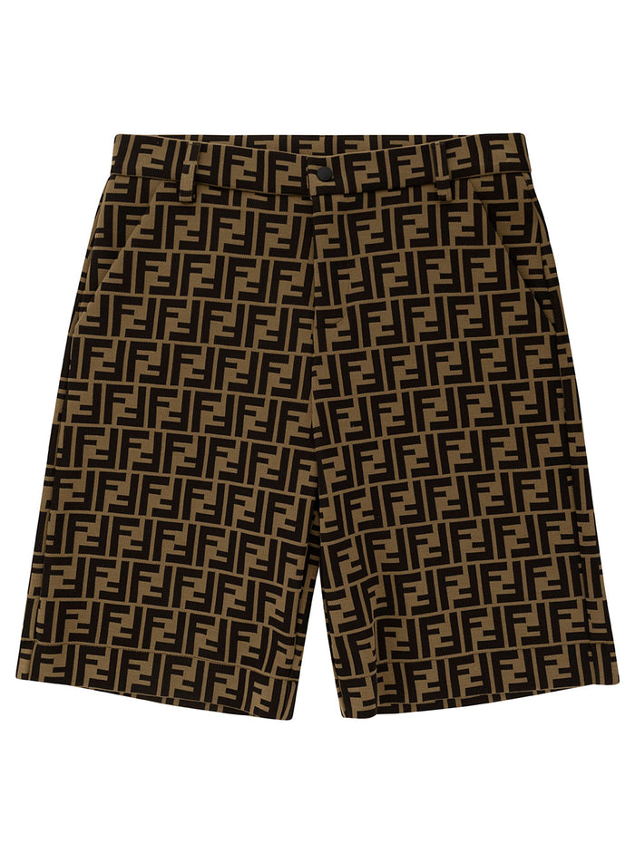 Beige And Tobacco Bermuda Shorts With Ff Motif Cotton Blend Boy Brown Polyester