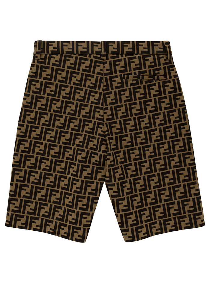 Beige And Tobacco Bermuda Shorts With Ff Motif Cotton Blend Boy Brown Polyester
