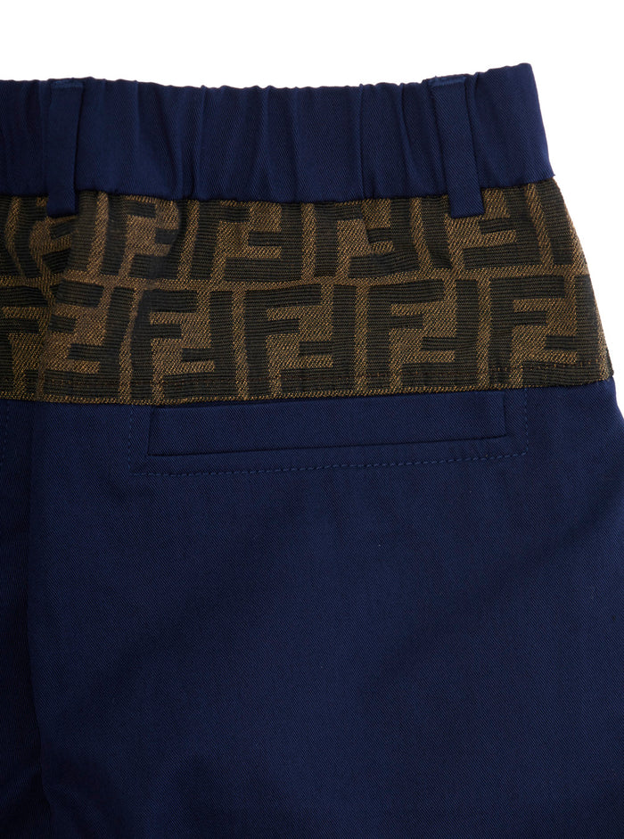 Blue Pants with Rear Elastic Waist and FF Embellishments in Cotton Boy Blu Trousers