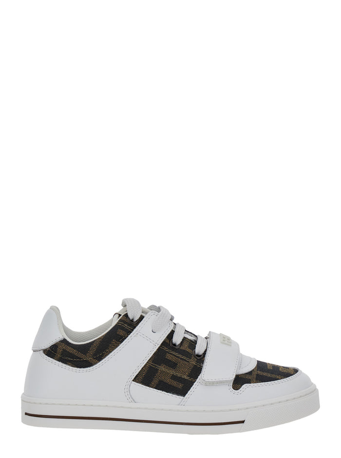 White Sneakers with All-Over FF Motif in Leather Boy Calf