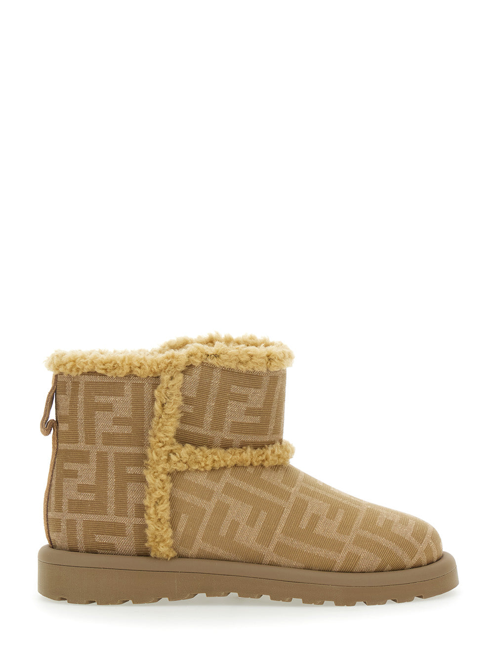 Beige Ankle Boots with All-Over FF Motif in Fabric Girl Polyamide Cotton