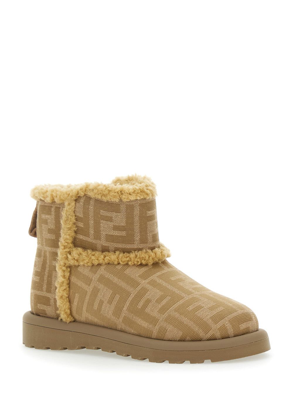 Beige Ankle Boots with All-Over FF Motif in Fabric Girl Polyamide Cotton