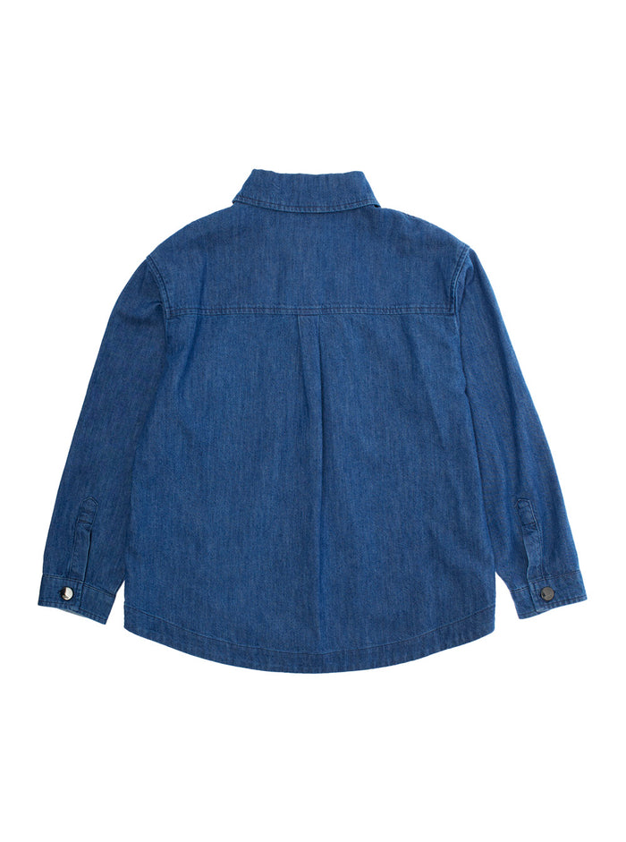 Blue Jacket with Classic Collar and Logo Lettering Embroidery on the Front in Denim Boy Blu Cotton Shirts Blouses