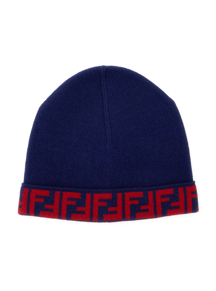 Blue Beanie with FF Brim in Wool and Cashmere Woman Blu Polyamide Hats Gloves