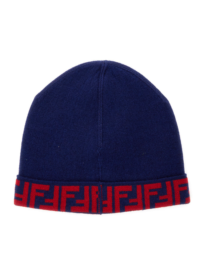 Blue Beanie with FF Brim in Wool and Cashmere Woman Blu Polyamide Hats Gloves