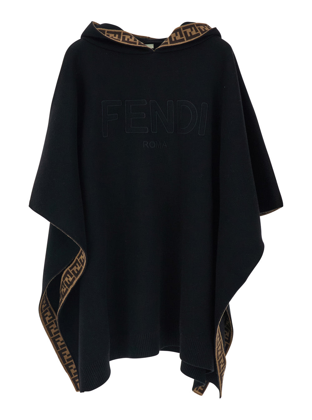 Black Hooded Cape with Logo Lettering on the Front in Virgin Wool Girl Outerwear