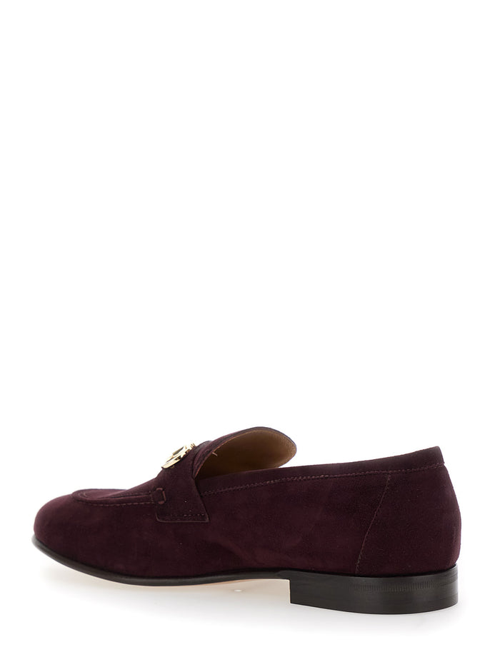 Bordeaux Loafers with Gancini Plaque on the Front and Low Heel in Suede Woman Goat