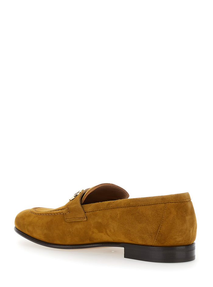 Brown Loafers with Almond Toe and Gancini Detail on the Front in Suede Woman Goat