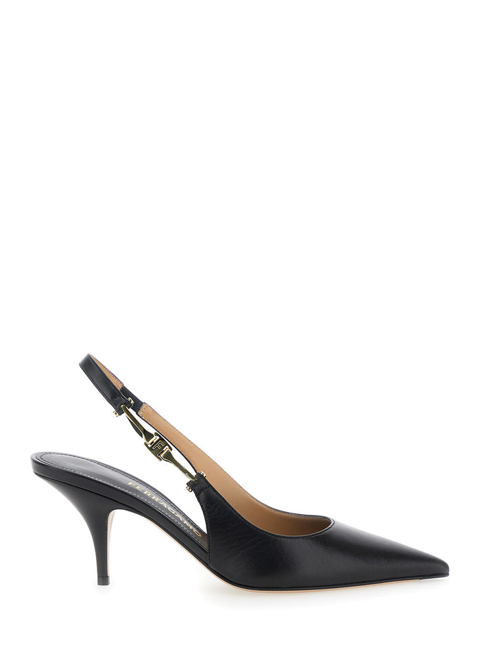 Tally Black Slingback Pumps with Medium Stiletto Heel in Leather Woman Goat Heels