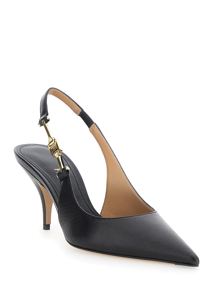 Tally Black Slingback Pumps with Medium Stiletto Heel in Leather Woman Goat Heels