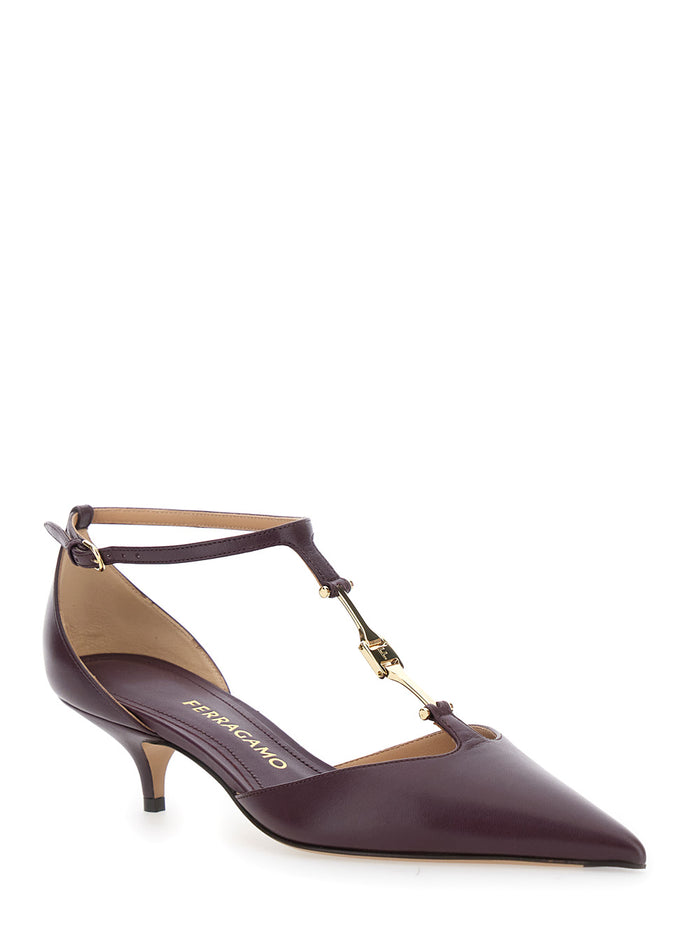 Bordeaux Pumps with T Strap and Low Heel in Leather Woman Goat Heels