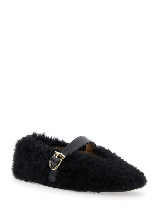 Shearling Ballerinas With Buckle Closure Black Lamb Ballerina Shoes