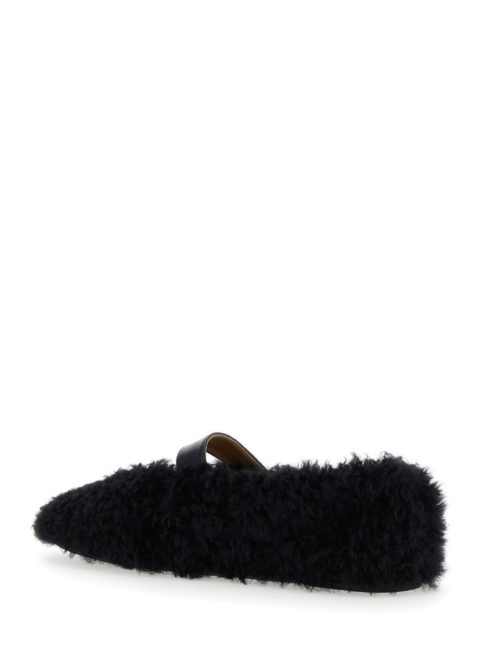 Black Ballerinas with Shearling Design and Buckle in Leather Woman Brown Lamb