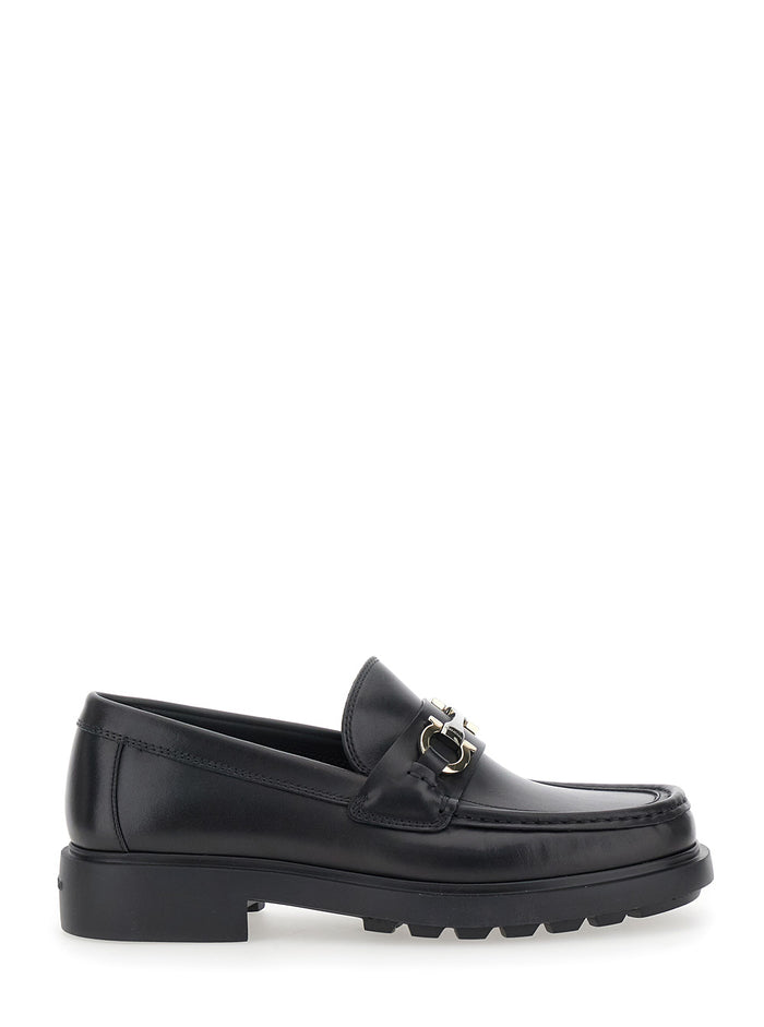 Duglas Black Loafers With Gancini Plaque On The Front And Embossed Logo Rear Leather Man Calf
