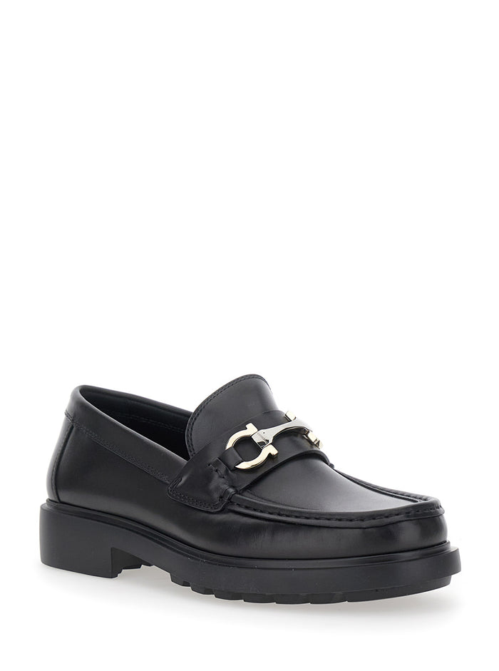Duglas Black Loafers With Gancini Plaque On The Front And Embossed Logo Rear Leather Man Calf