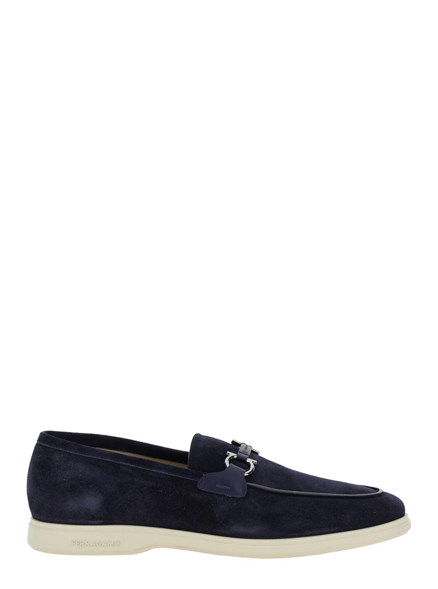 Blue Loafers With Metallic Hooks Calf
