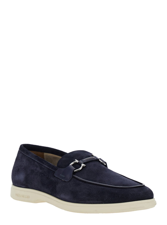 Cosimo Blue Loafers with Metallic Hooks on the Front in Suede Man Blu Calf