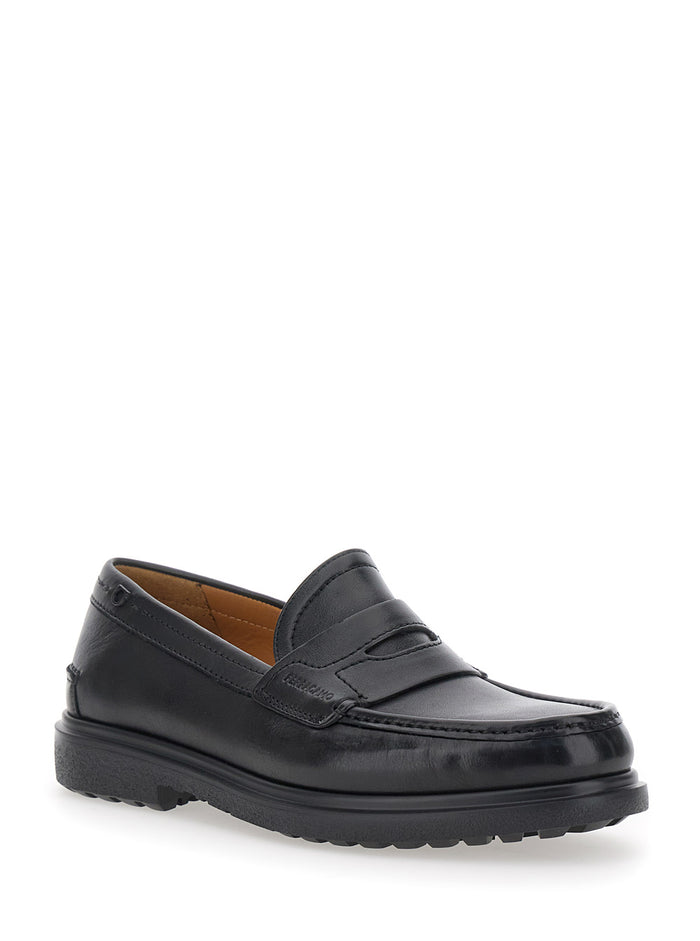 Brema Black Loafers With Tonal Stitching And Almond Toe Leather Man Calf