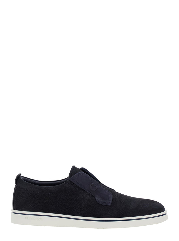 Alfie Blue Laceless Oxford Shoes with Round Toe in Grained Leather Man Blu Calf Elastane Sneaker