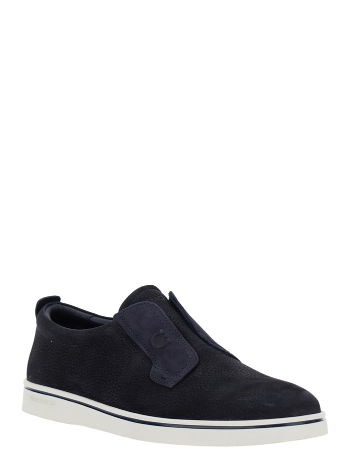 Alfie Blue Laceless Oxford Shoes with Round Toe in Grained Leather Man Blu Calf Elastane Sneaker