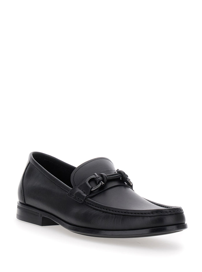 Alain Black Loafers With Almond Toe And Gancini On The Front Leather Man Calf