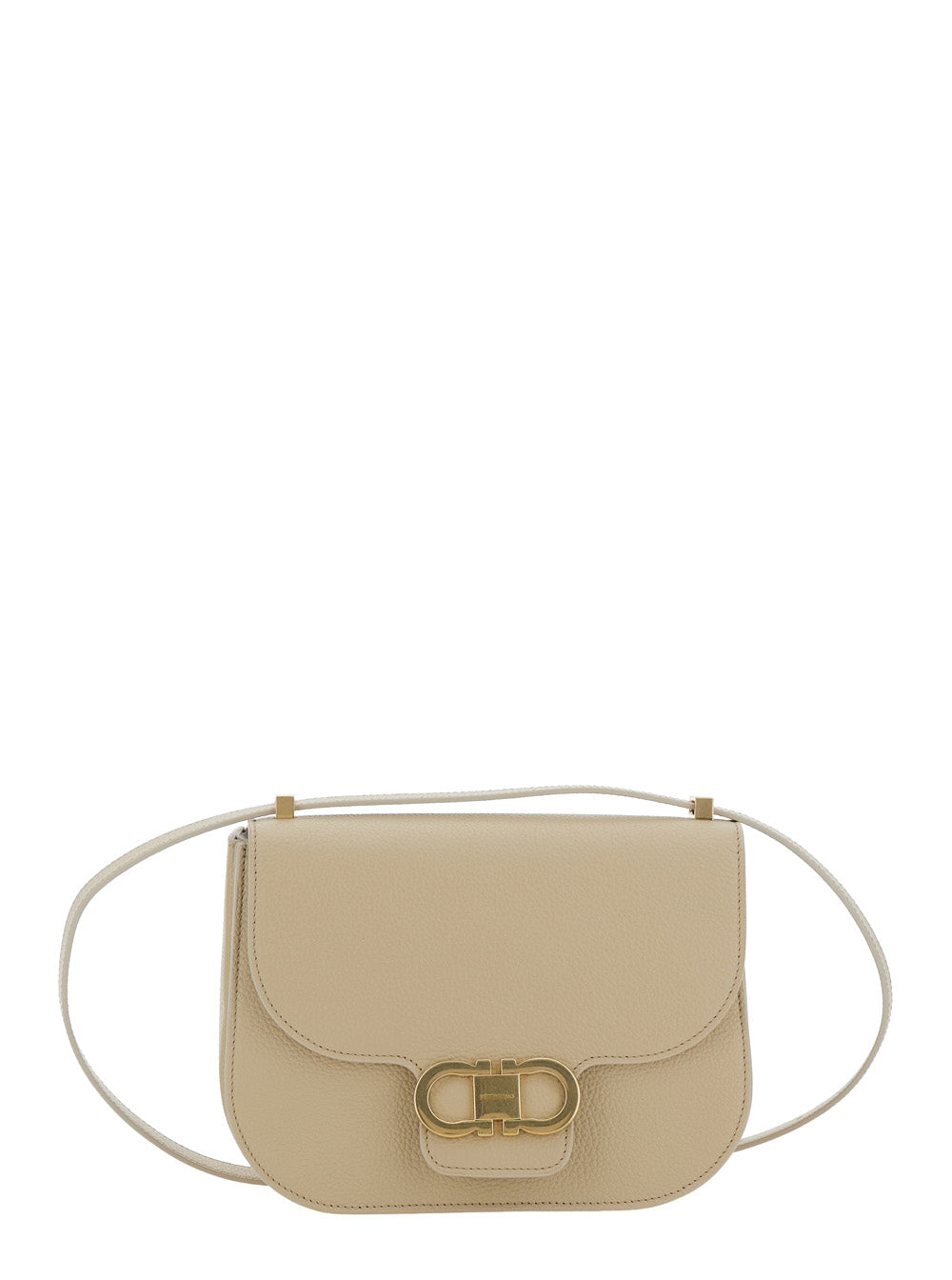 Beige Shoulder Bag With Metal Gancini Detail On The Front Hammered Leather Woman Calf Crossbody
